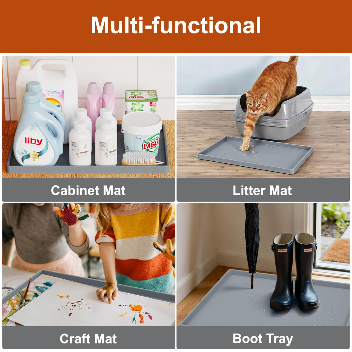 ukeetap Extra Thick Silicone Mat Waterproof with Raised Edge 19” x 12”, BPA Free Non-Slip Dog & Cat Food Mat, Feeding Mat for Food and Water Bowls, Spill Proof Mat to Protect Floors, Gray