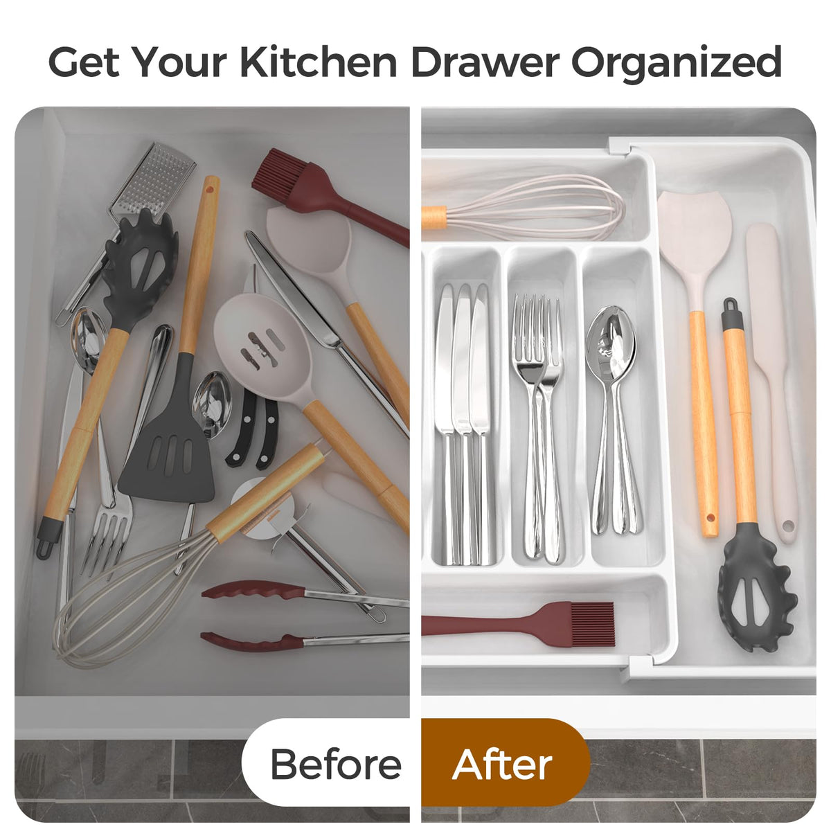 ukeetap Extra Large Expandable Silverware Organizer, BPA-Free Food-Safe Cutlery Flatware Organizer, Kitchen Utensil Drawer Organizer, Adjustable Silverware Holder for Spoons Forks Knives, White