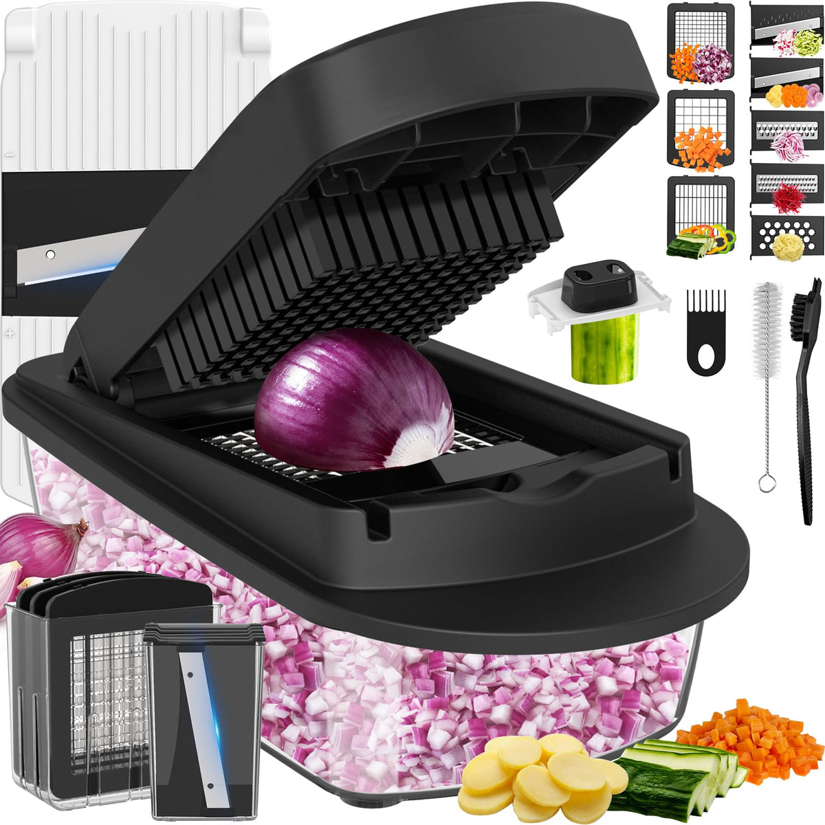 8 Blade All-in-1 Vegetable Chopper Mandoline Slicer with Container, Food Chopper, Onion Chopper, Veggie Cutter for Salad, Kitchen Gadgets Accessories Essentials, Black