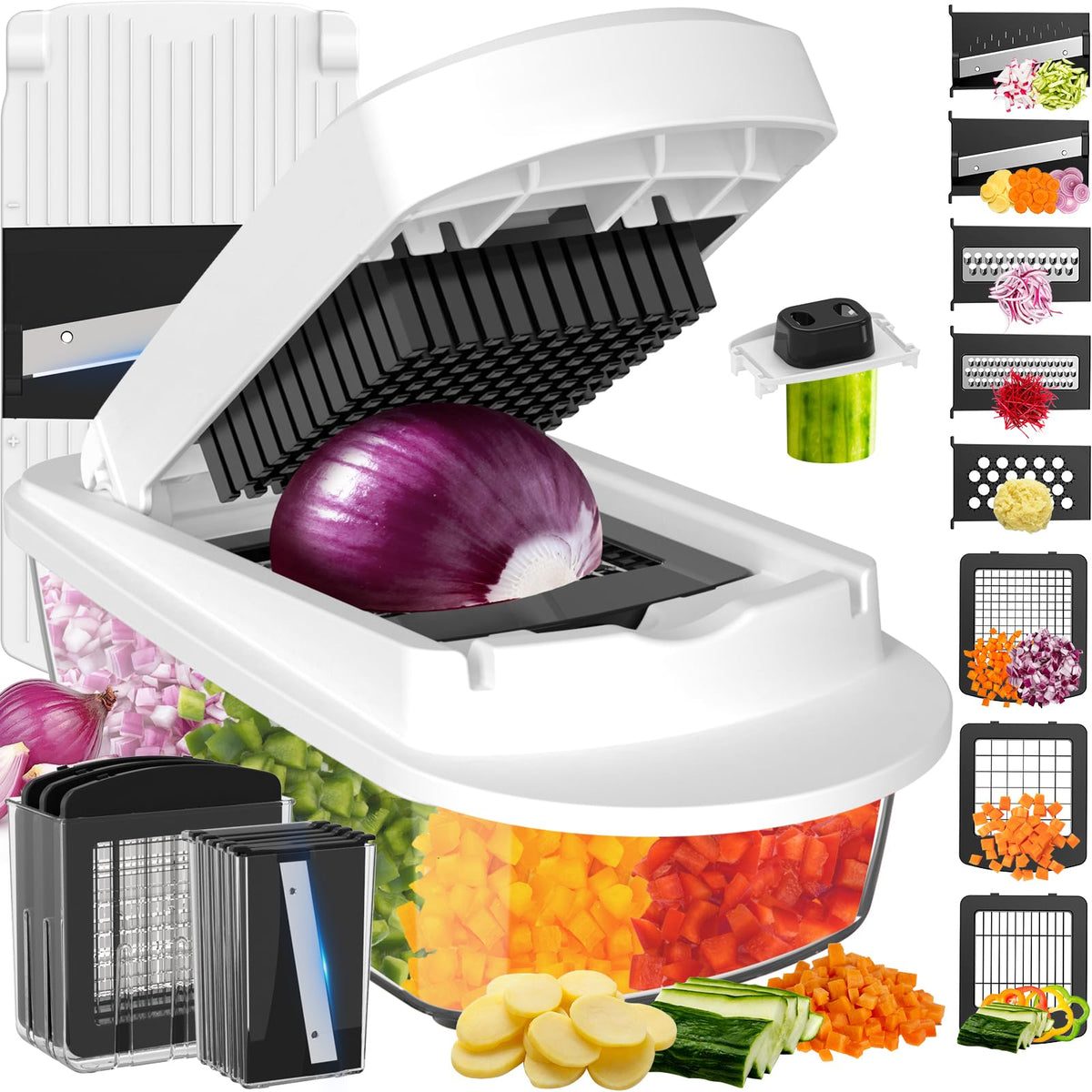 8 Blade All-in-1 Vegetable Chopper Mandoline Slicer with Container, Food Chopper, Onion Chopper, Veggie Cutter for Salad, Kitchen Gadgets Accessories Essentials, White