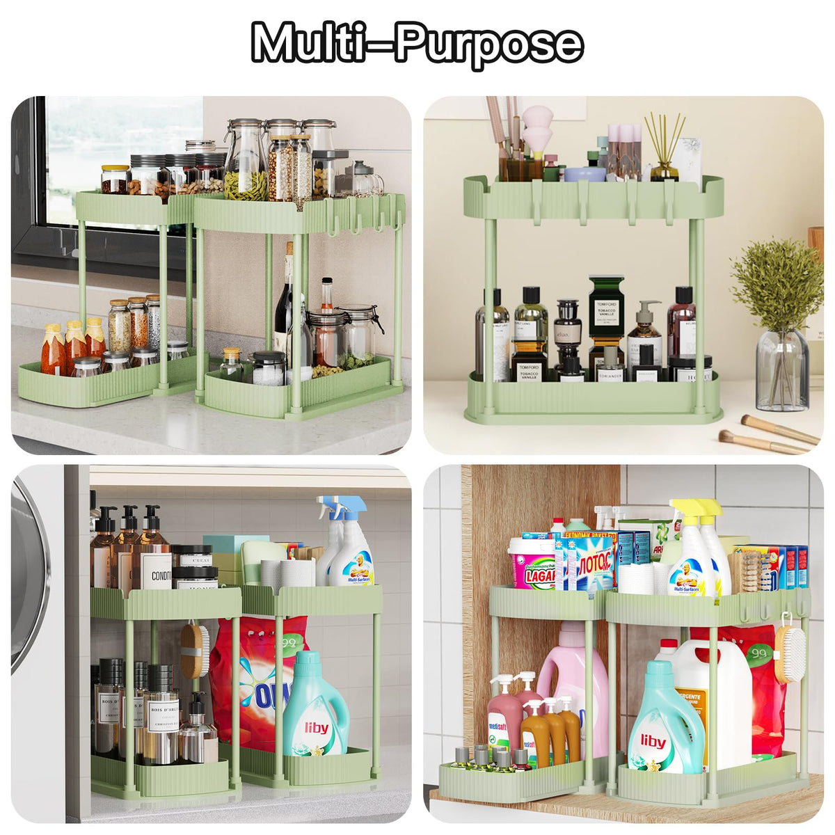 Ukeetap 2 Pack Multi-Purpose Pull-Out Storage Organizers, Under Sink Organizers and Storage for Bathroom & Kitchen, Under Cabinet Organizers and storage, 14.8 Inch, Green