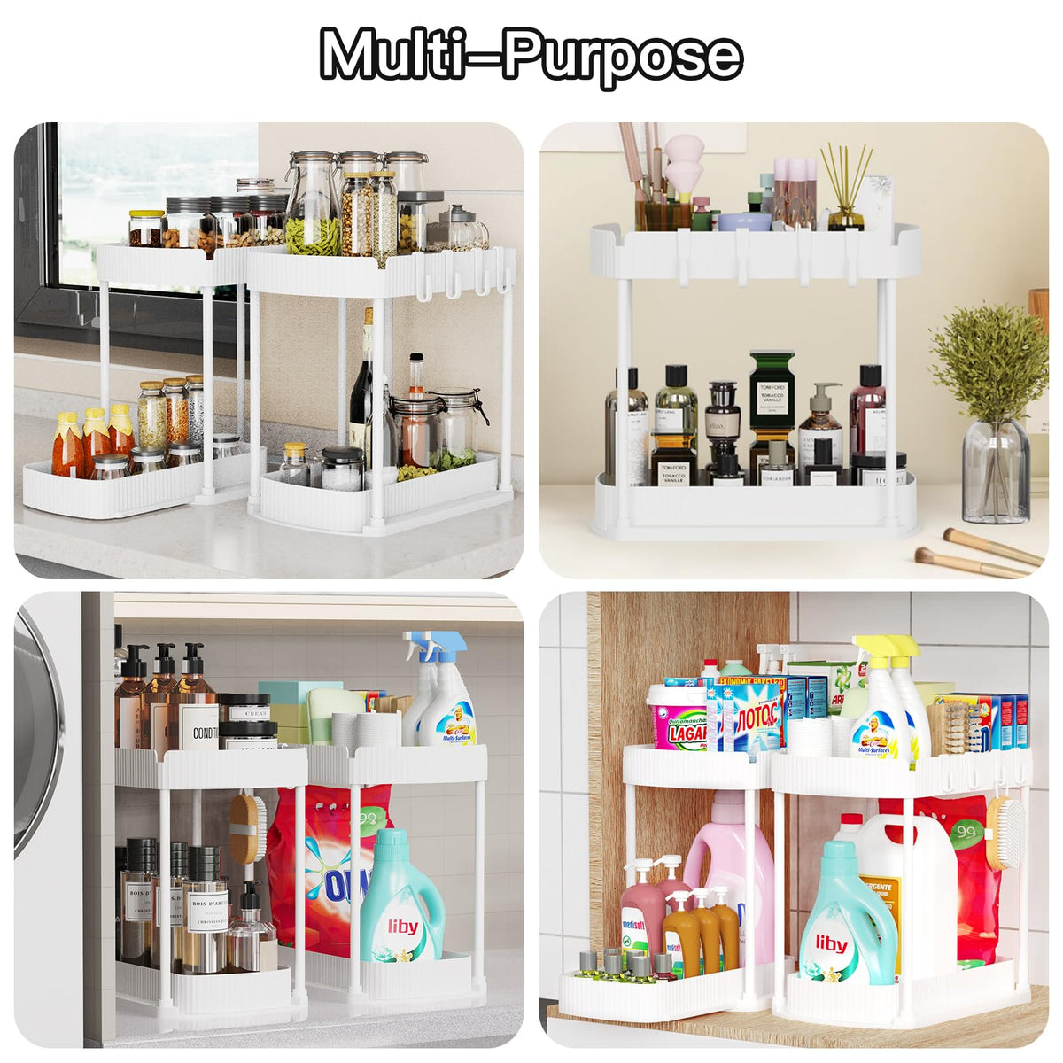 Ukeetap 2 Pack Multi-Purpose Pull-Out Storage Organizers, Under Sink & Cabinet Storage, 12.8 Inch, White