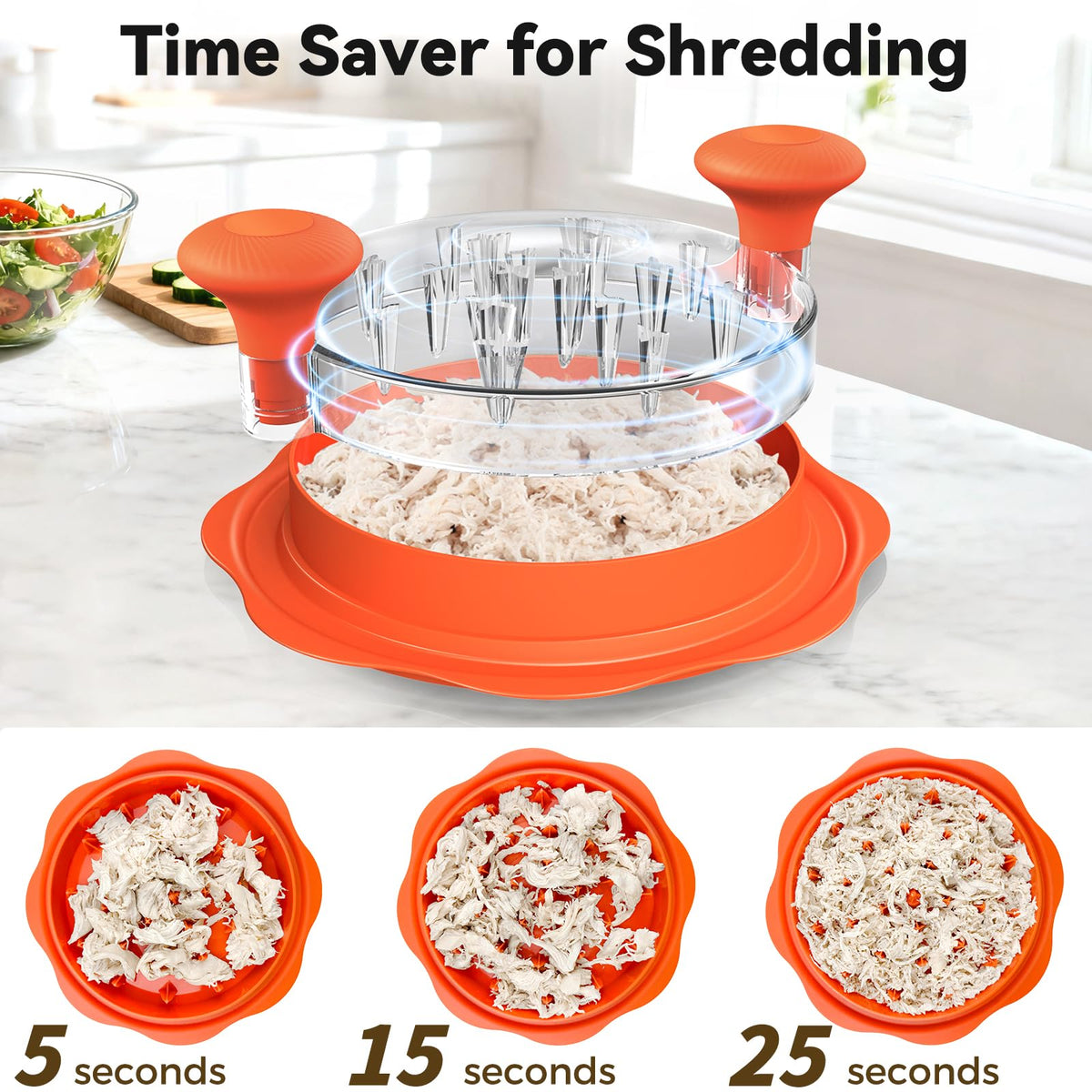 Ukeetap 10" Pro Chicken Shredder Tool Twist Large for Kitchen, BPA-Free Food-Safe Meat Grinder, Visible Chicken Breast Meat Shredder with Strong Anti-Slip Bottom & Ergonomic Handle, Orange
