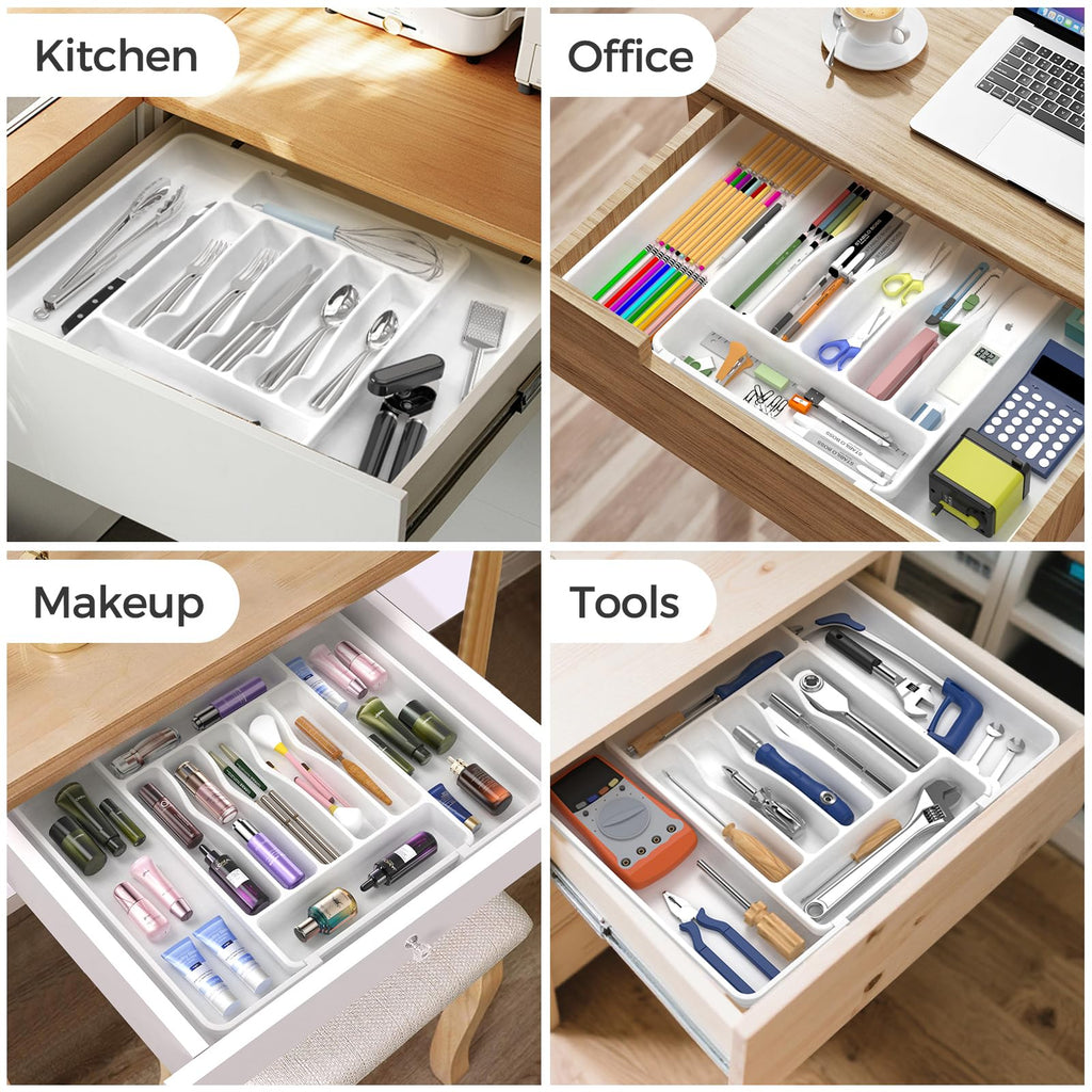 ukeetap Extra Large Expandable Silverware Organizer, BPA-Free Food-Safe Cutlery Flatware Organizer, Kitchen Utensil Drawer Organizer, Adjustable Silverware Holder for Spoons Forks Knives, White
