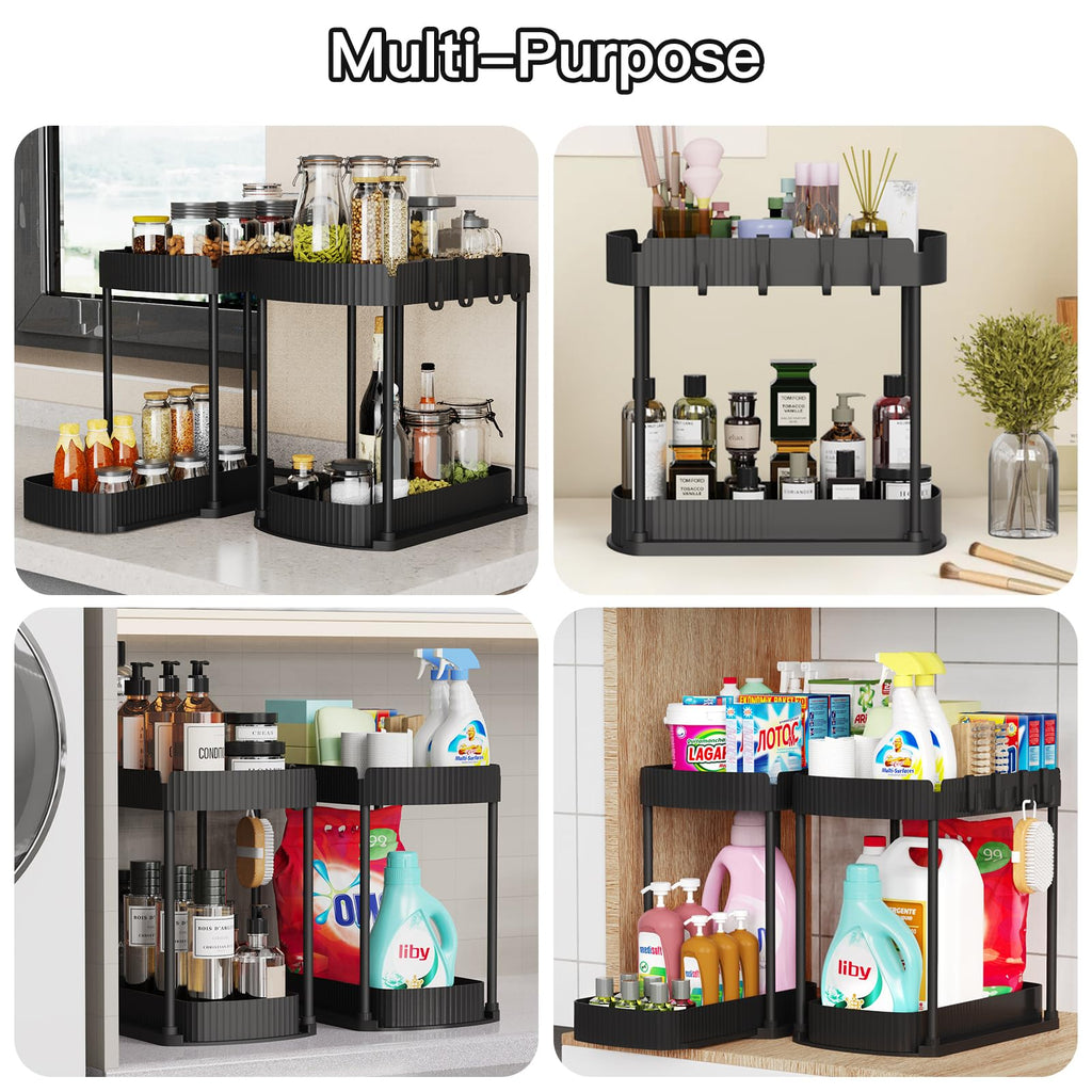 Ukeetap 2 Pack Multi-Purpose Pull-Out Storage Organizers, Under Sink Organizers and Storage for Bathroom & Kitchen, Under Cabinet Organizers and storage, 14.8 Inch, Black