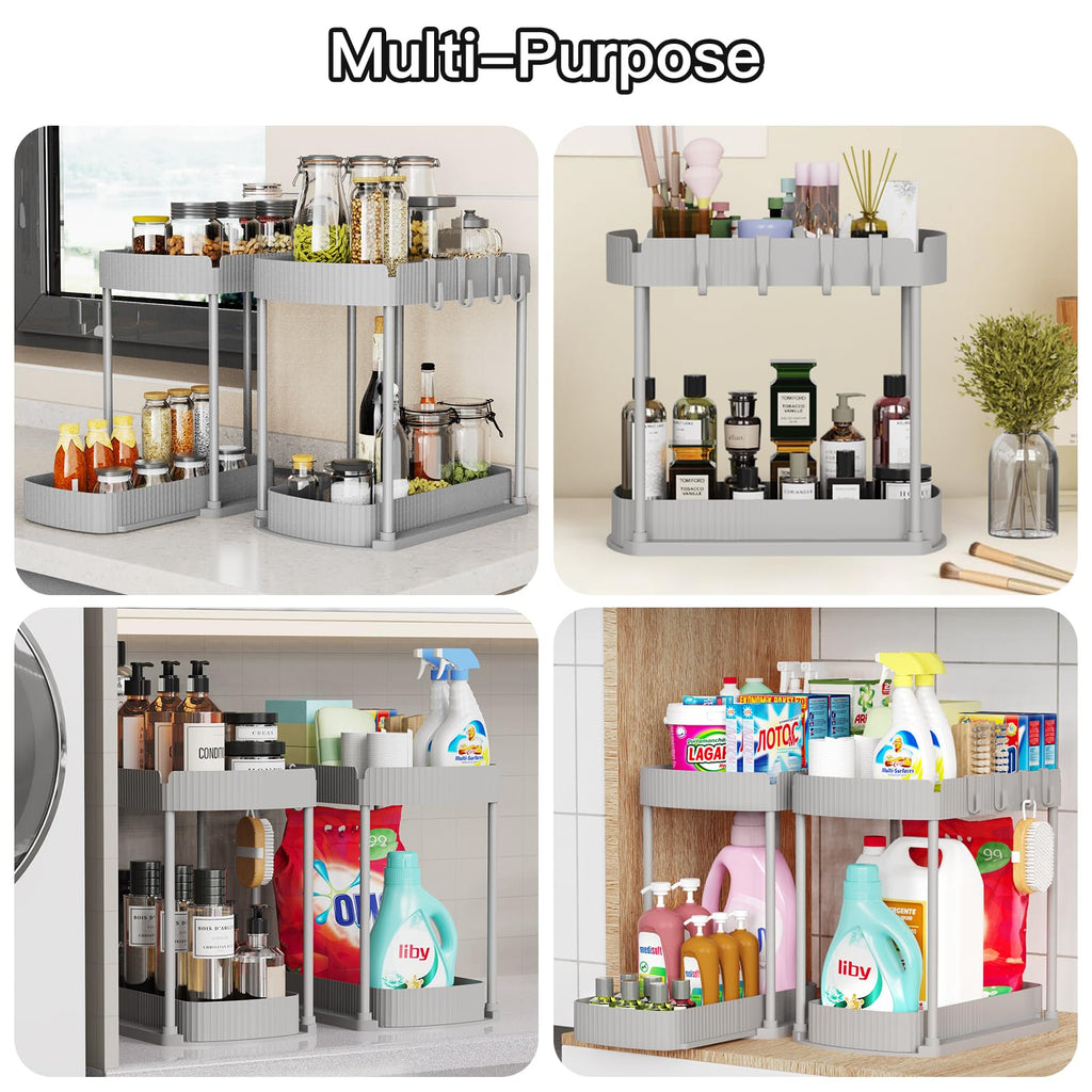 Ukeetap 2 Pack Multi-Purpose Pull-Out Storage Organizers, Under Sink Organizers and Storage for Bathroom & Kitchen, Under Cabinet Organizers and storage, 12.8 Inch, Grey