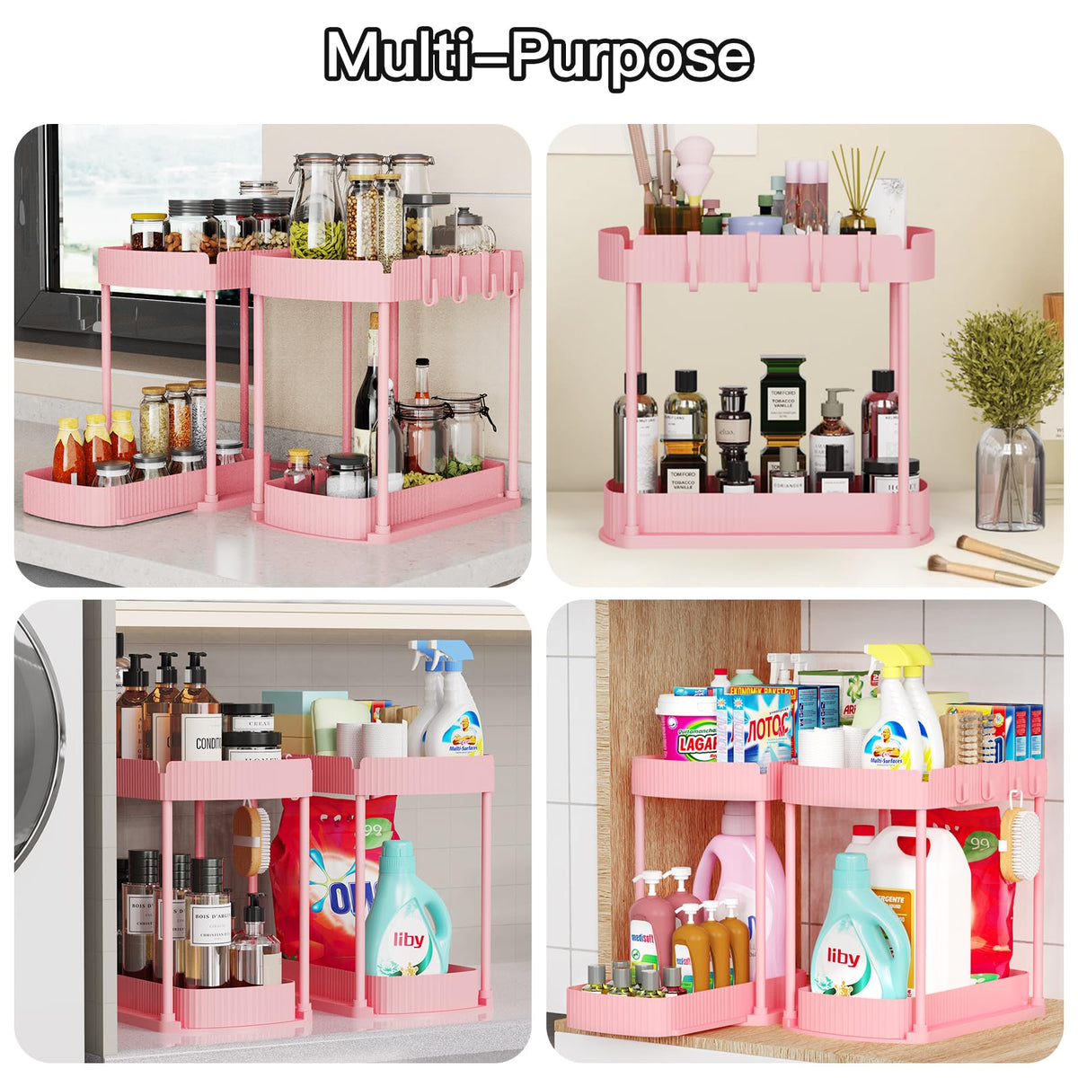 Ukeetap 2 Pack Multi-Purpose Pull-Out Storage Organizers, Under Sink & Cabinet Organizers, 12.8 Inch Pink