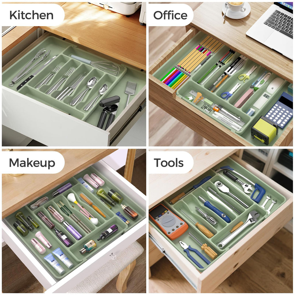 ukeetap Extra Large Expandable Silverware Organizer, BPA-Free Food-Safe Cutlery Flatware Organizer, Kitchen Utensil Drawer Organizer, Adjustable Silverware Holder for Spoons Forks Knives, Green